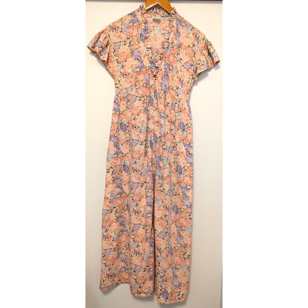 R. Michael Haan Vintage Floral Prairie Dress Pink Purple Roses Ruffle Front Sz S